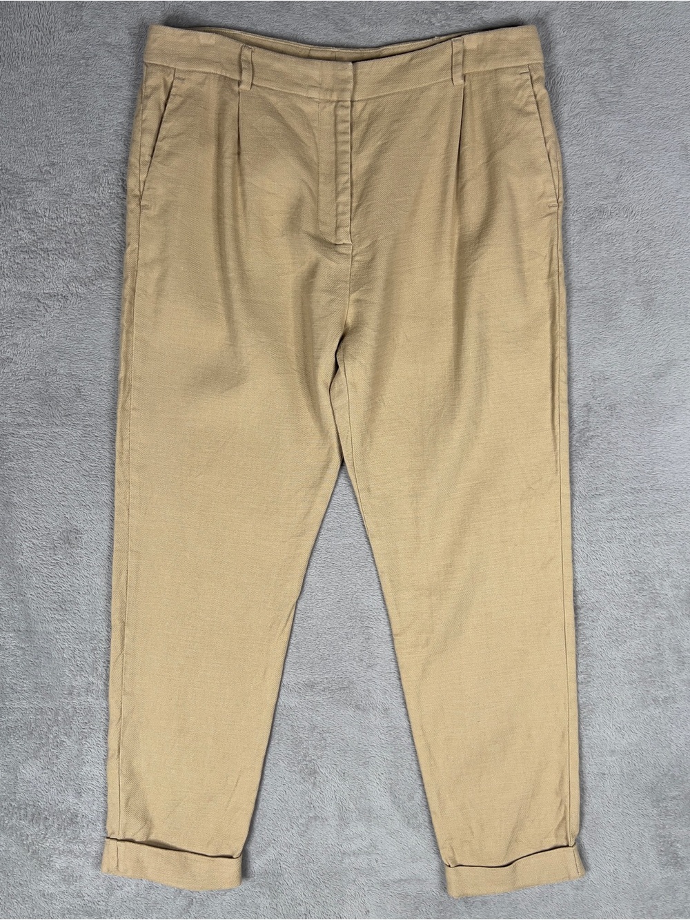 Eleventy High Rise Pleated Linen Blend Trousers Women's US 8 Cuffed Hem Tan